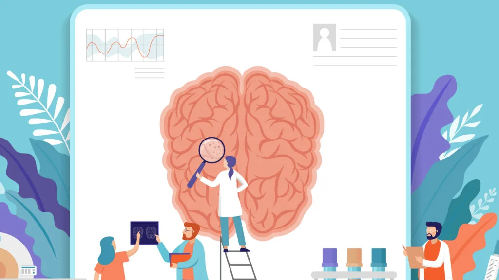 Illustrations of people examining a large brain diagram on a document with a magnifying glass and a brain scan.
