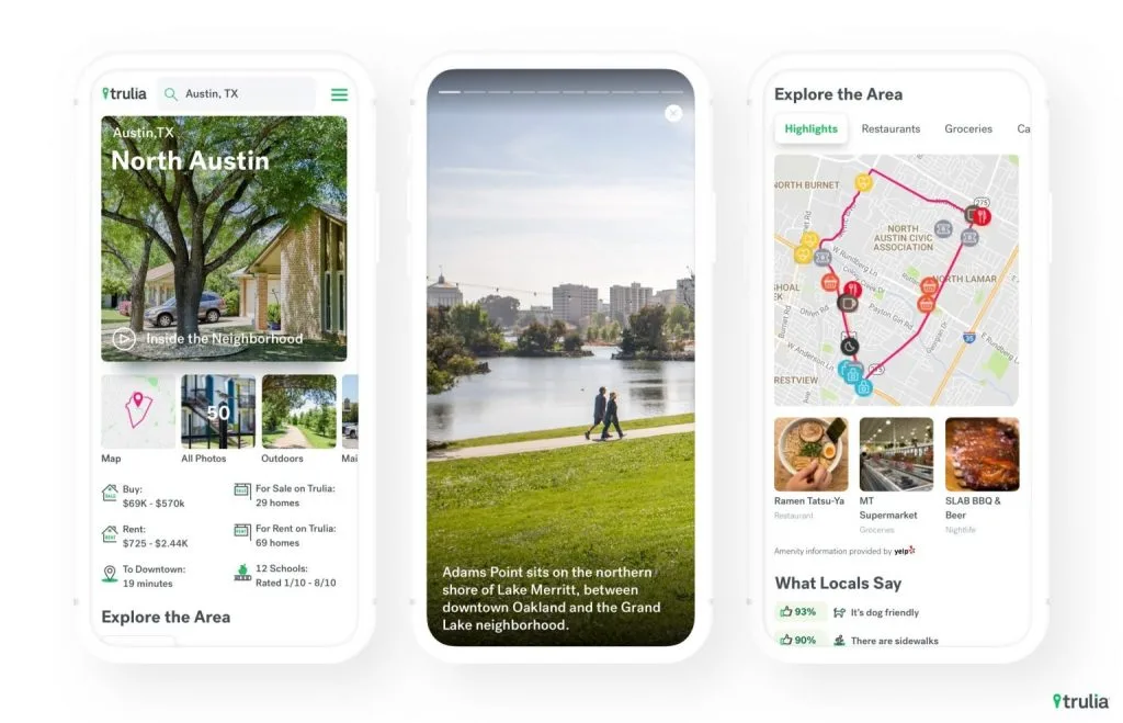 Three screenshots of the Trulia app showing neighborhood details for North Austin and an "Explore the Area" map.