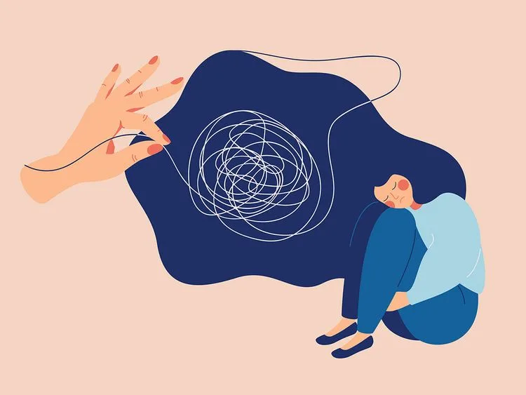 An illustration of a person curled up next to a tangled ball of string being unraveled by a hand.