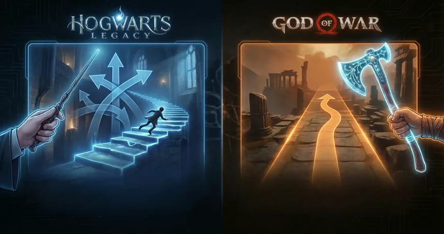 Side-by-side images from Hogwarts Legacy and God of War showing glowing directional paths and character tools.