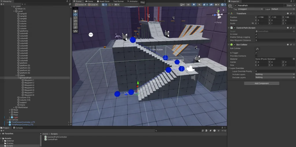 Unity editor screenshot showing a 3D scene with a character, stairs, and a "Control Path (Script)" in the Inspector.