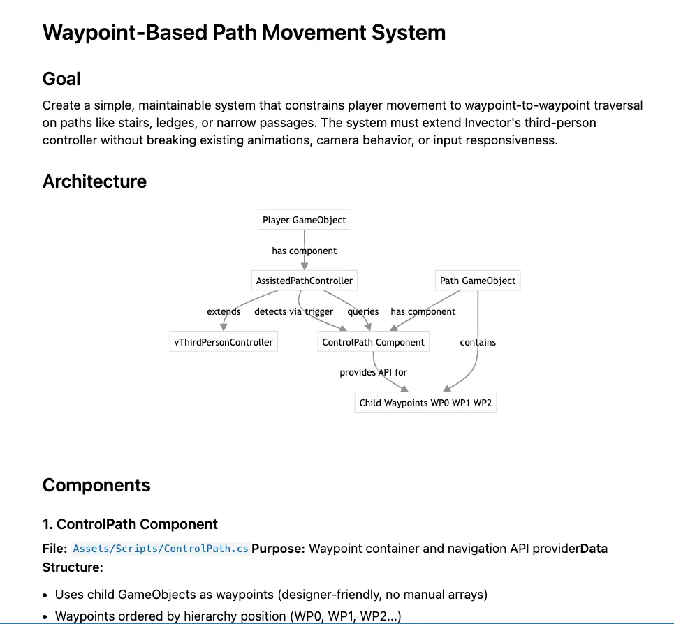 Architecture diagram for a Waypoint-Based Path Movement System showing components and their relationships.