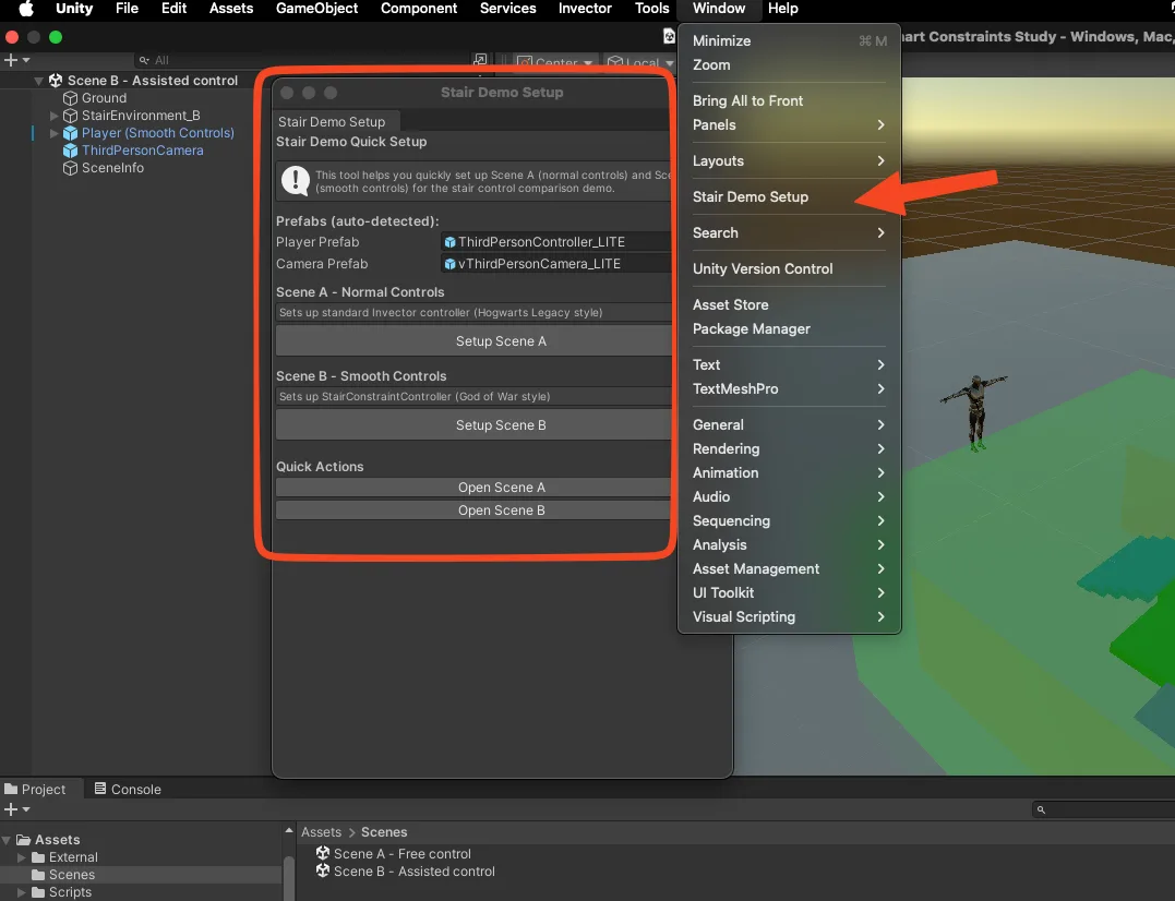 Unity editor screenshot showing the Stair Demo Setup window and a menu with a red arrow pointing to Stair Demo Setup.